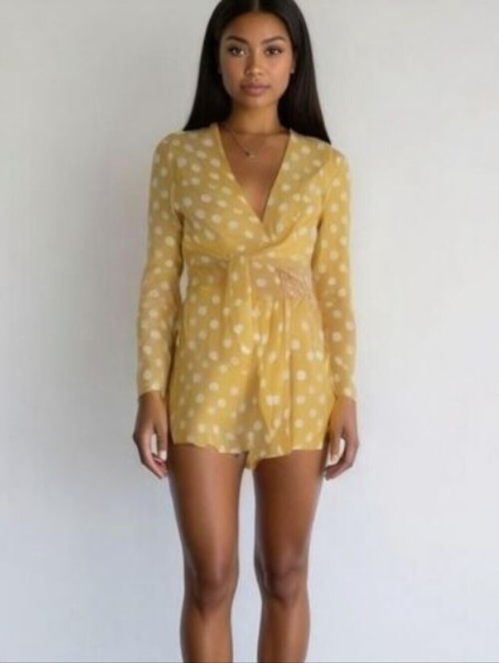 Boohoo Yellow White Polka Dot Faux Wrap Surplice Knot Front Mini Dress Size 0P